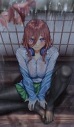 Rule 34 | 1girl, black pantyhose, breasts, breasts squeezed together, button gap, cleavage, closed mouth, feet, foot focus, from above, go-toubun no hanayome, green skirt, hair between eyes, headphones, headphones around neck, highres, large breasts, light blush, long bangs, long hair, long sleeves, looking at viewer, miniskirt, nakano miku, nikishiko, pantyhose, pleated skirt, purple eyes, red hair, shrugging, sitting, skirt, spread legs, upturned eyes, v arms, wet, wet clothes