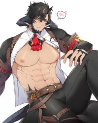 Rule 34 | 1boy, abs, arm support, ascot, au ra, bara, bare pectorals, belt, black hair, black horns, closed mouth, collared shirt, dragon boy, dragon horns, dragon tail, elbow gloves, embarrassed, fang, fang out, final fantasy, final fantasy xiv, fingerless gloves, fingernails, gloves, heart, highres, horns, knee up, leaning forward, leaning to the side, light blush, looking at viewer, male focus, muscular, muscular male, navel, nipples, open clothes, open shirt, pants, pectorals, red eyes, scales, seum (kao husband), shirt, short hair, simple background, sitting, solo, spoken blush, stomach, tail, thick thighs, thighs, warrior of light (ff14), white background