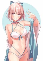 Rule 34 | 1girl, ahoge, alternate eye color, alternate hair color, bad id, bad twitter id, bare shoulders, beach, bikini, blue background, blush, bow, bracelet, breasts, cleavage, collarbone, commentary request, cowboy shot, fate/grand order, fate (series), green bow, hair between eyes, hair bow, hair ribbon, highres, jewelry, lq saku, medium breasts, navel, okita j. souji (fate), okita j. souji (third ascension) (fate), okita souji (fate), okita souji (koha-ace), parted lips, pink hair, pout, purple eyes, ribbon, short hair, smile, solo, standing, swimsuit, sword, thighs, two-tone background, weapon, white background, white bikini