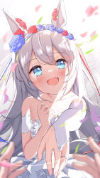 Rule 34 | 1girl, :d, absurdres, animal ears, bare shoulders, blue eyes, blue flower, blue rose, blurry, blurry foreground, blush, bridal gauntlets, collarbone, commentary request, crying, crying with eyes open, detached sleeves, dress, fang, fingernails, flower, head wreath, highres, horse ears, jewelry, long hair, looking at viewer, open mouth, outstretched arm, petals, pov, pov hands, reaching, reaching towards viewer, red flower, red rose, ring, rose, saboten mushi, short sleeves, silver hair, single bridal gauntlet, smile, tamamo cross (umamusume), tears, umamusume, upper body, veil, very long hair, white dress