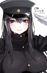 Rule 34 | 10s, 1girl, akitsu maru (kancolle), alternate hair length, alternate hairstyle, bad id, bad pixiv id, black eyes, black hair, black hat, blush, breasts, comiket 90, commentary request, gloves, hair between eyes, hat, imperial japanese army, japan, kantai collection, large breasts, long hair, military, military uniform, nekometaru, pale skin, peaked cap, salute, smile, solo, uniform, upper body, white background
