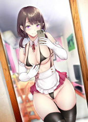 Rule 34 | 1girl, apron, bikini, bikini tug, black bikini, black thighhighs, blush, breasts, cellphone, closed mouth, detached collar, dutch angle, elbow gloves, gentsuki, gloves, gluteal fold, highleg, highleg bikini, highres, holding, holding phone, indoors, large breasts, long hair, looking at viewer, low twintails, microskirt, mirror, original, partially visible vulva, phone, purple eyes, reflection, selfie, sidelocks, skindentation, skirt, smartphone, smile, solo, string bikini, suspenders, swimsuit, thighhighs, twintails, waist apron, white gloves