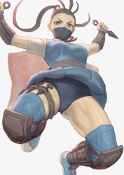 Rule 34 | 1girl, antenna hair, armor, arms up, backlighting, blue buruma, blue footwear, blue skirt, blue thighhighs, breasts, brown eyes, brown hair, buruma, commentary request, dual wielding, forehead, from behind, greaves, grey background, holding, holding weapon, ibuki (street fighter), jumping, knee pads, kunai, long hair, looking at viewer, mask, mouth mask, neck ribbon, ninja, noppo (tarstation), pleated skirt, ponytail, red ribbon, reverse grip, ribbon, school uniform, shirt, shoes, short sleeves, simple background, skirt, small breasts, solo, street fighter, street fighter v, thigh strap, thighhighs, upskirt, v-shaped eyebrows, vambraces, weapon, white shirt, wind, wind lift