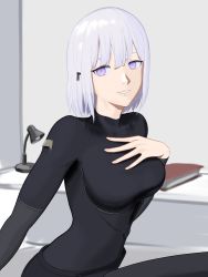 Rule 34 | 1girl, absurdres, arm behind back, black bodysuit, bodysuit, book, breasts, girls&#039; frontline, hair ornament, hairclip, hand on breast, highres, lamp, looking at viewer, medium breasts, nachos known, open mouth, purple eyes, room, rpk-16 (girls&#039; frontline), short hair, silver hair, simple background, smile, solo, table, upper body