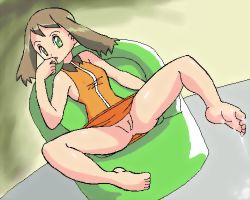 Rule 34 | barefoot, bottomless, creatures (company), cum, cum on body, cum on lower body, feet, game freak, green eyes, lowres, may (pokemon), nintendo, no panties, pokemon, sitting, soles, spread legs, toes, uncensored