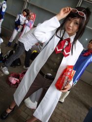 Rule 34 | 1boy, 4girls, ace attorney, apollo justice ace attorney, asian, bag, black hair, blue eyes, capcom, color contacts, cosplay, dutch angle, ema skye, ema skye (cosplay), eyewear on head, handbag, lab coat, long hair, looking at viewer, miasa, multiple girls, namada, outdoors, photo (medium), solo focus, sunglasses, trucy wright, trucy wright (cosplay), vest