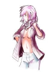 Rule 34 | 10s, 1girl, breasts, cowboy shot, drew winchester, female focus, final fantasy, final fantasy xiii, highres, lightning farron, navel, open clothes, open shirt, pants, pink hair, shirt, solo, standing