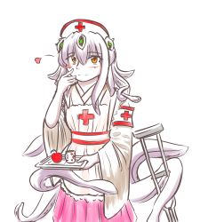 Rule 34 | 1girl, apple, armband, blush, bwsnowy, cross, crutch, cup, female focus, food, fruit, hand on own face, hat, heart, highres, looking at viewer, mind flayer, mind flayer (monster girl encyclopedia), mindflayer (monster girl encyclopedia), monster girl, monster girl encyclopedia, nurse, nurse cap, orange eyes, red cross, simple background, skirt, smile, solo, spoon, tentacle hair, tentacles, tray, white background, white hair, wide sleeves