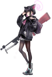 Rule 34 | 1girl, absurdres, animal ears, arm up, bag, black choker, black hair, black jacket, blue archive, blue footwear, bren lmg, brown pantyhose, choker, commentary request, full body, halo, highres, hood, hood down, hooded jacket, jacket, kazusa (blue archive), light machine gun, long sleeves, looking at viewer, multicolored hair, pantyhose, parted lips, pink hair, pleated skirt, puffy long sleeves, puffy sleeves, red eyes, school bag, shi koku, shoes, short hair, simple background, skirt, solo, standing, standing on one leg, two-tone hair, white background, white skirt