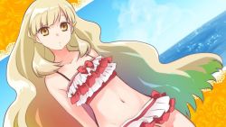 Rule 34 | 1girl, alternate costume, artist request, bare shoulders, bikini, blonde hair, cloud, collarbone, commentary request, day, dutch angle, frills, head tilt, horizon, long hair, looking at viewer, mayu (vocaloid), multicolored hair, navel, sky, solo, swimsuit, upper body, vocaloid, water, yellow eyes