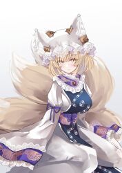 Rule 34 | 1girl, animal ears, blonde hair, blush, breasts, closed mouth, dress, fox ears, fox tail, frilled sleeves, frills, hat, highres, large breasts, looking at viewer, mob cap, multiple tails, sarasadou dan, short hair, simple background, sleeve garter, sleeves past fingers, sleeves past wrists, solo, tabard, tail, touhou, white background, white dress, white hat, wide sleeves, yakumo ran, yellow eyes