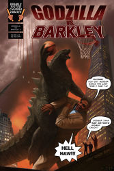 Rule 34 | 2014, bald, ball, basketball, basketball (object), building, character name, charles barkley, churro, claws, cloud, comic, contrail, cover, crossover, crowd, dark-skinned male, dark skin, defeat, english text, epic, fake cover, fangs, fire, formal, giant, godzilla, godzilla (2014), godzilla (monsterverse), godzilla (series), jumping, kaijuu, larry quach, legendary pictures, male focus, meme, missile, monster, monsterverse, multiple boys, parody, real life, realistic, science fiction, signature, slam dunk (basketball), smoke, speech bubble, spikes, suit, tail, toho, what