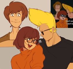Rule 34 | 1girl, 2boys, absurdres, animification, blonde hair, blush, brown eyes, brown hair, crossover, facial hair, glasses, green shirt, grey background, highres, johnny bravo, johnny bravo (series), multiple boys, muscular, muscular male, open mouth, photo-referenced, scooby-doo, screenshot inset, shaggy rogers, shirt, short hair, simple background, snowcie, sweatdrop, sweater, turtleneck, turtleneck sweater, velma dace dinkley