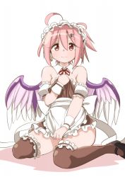 Rule 34 | 1girl, ahoge, alternate costume, apron, bare shoulders, breasts, brown dress, brown thighhighs, clothes pull, dress, dress pull, enmaided, feathered wings, frills, hand on own chest, looking at viewer, maid, maid headdress, mary janes, moja (moja4192), mystia lorelei, pink eyes, pink hair, shoes, sitting, small breasts, solo, thighhighs, thighs, touhou, waist apron, wariza, wings, wrist cuffs