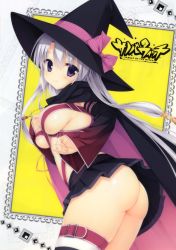 Rule 34 | 1girl, absurdres, ass, ayachi nene, belt, black thighhighs, bow, breasts, cape, clothes lift, cowboy shot, eyebrows, grey hair, hair between eyes, hat, hat bow, highres, leg belt, looking at viewer, looking back, muririn, purple eyes, sanoba witch, sideboob, skirt, skirt lift, smile, solo, striped clothes, striped thighhighs, thighhighs, underboob, witch hat