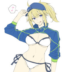Rule 34 | 1girl, absurdres, ahoge, artoria pendragon (fate), bad id, bad pixiv id, bikini, blonde hair, blue eyes, breasts, cleavage, commentary request, cowboy shot, eyes visible through hair, fate/grand order, fate (series), hair between eyes, hat, highres, koujiro (kouziro 1), large breasts, looking at viewer, musical note, mysterious heroine x (fate), mysterious heroine xx (fate), navel, ponytail, simple background, solo, speech bubble, standing, stomach, swimsuit, tongue, tongue out, white background