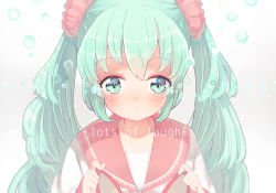 Rule 34 | 1girl, bad id, bad pixiv id, green eyes, green hair, hatsune miku, kinokoko-kino, lol -lots of laugh- (vocaloid), long hair, looking at viewer, matching hair/eyes, solo, text focus, twintails, vocaloid, water drop