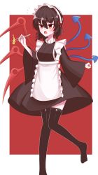Rule 34 | 1girl, absurdres, alternate costume, apron, asymmetrical wings, black dress, black hair, black hairband, black thighhighs, blue wings, blush, breasts, chopsticks, commentary request, d:, dress, enmaided, food, frilled apron, frills, full body, hair between eyes, hair ribbon, hairband, highres, holding, holding chopsticks, houjuu nue, looking at viewer, maid, maid apron, maid headdress, medium breasts, no shoes, notice lines, open mouth, red background, red eyes, red ribbon, red wings, ribbon, shen bi ren (user rjgy2824), short hair, shrimp, shrimp tempura, solo, tempura, thighhighs, touhou, two-tone background, wa maid, white apron, white background, wings
