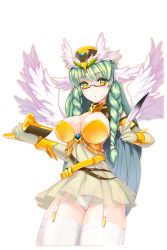 Rule 34 | 1girl, angel, angel wings, braid, breasts, dress, feathered wings, feathers, garter straps, glasses, green hair, hat, highres, holding, large breasts, long hair, official art, panties, raguel (soccer spirits), see-through, snowball22, soccer spirits, thighhighs, transparent background, twin braids, underwear, white panties, wings, yellow dress, yellow eyes