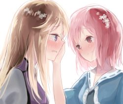 Rule 34 | 2girls, ai635623656, backlighting, bad id, bad pixiv id, blonde hair, blush, breasts, crying, crying with eyes open, dress, flower, hair flower, hair ornament, hand on another&#039;s face, happy, happy tears, japanese clothes, kimono, multiple girls, pink eyes, pink hair, purple eyes, ribbon-trimmed collar, ribbon trim, saigyouji yuyuko, short hair, short sleeves, simple background, smile, tabard, teardrop, tears, touhou, wavy mouth, white background, white dress, yakumo yukari
