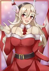 Rule 34 | 1340smile, 1girl, :d, absurdres, alternate costume, bare shoulders, belt, black belt, black hairband, blonde hair, bra strap, breasts, christmas, cleavage, commentary, commentary typo, corrin (female) (fire emblem), corrin (fire emblem), dress, fire emblem, fire emblem fates, hairband, highres, horns, long hair, long sleeves, looking at viewer, medium breasts, nintendo, off-shoulder dress, off shoulder, open mouth, pointy ears, red dress, red eyes, smile, solo, upper body, very long hair