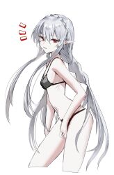 Rule 34 | 1girl, arknights, bare arms, bare shoulders, bikini, black bikini, breasts, commentary request, fang, from side, grey hair, highres, horn/wood, long hair, looking at viewer, navel, official alternate costume, pale skin, pointy ears, red eyes, skin fang, skinny, small breasts, solo, swimsuit, thighs, upper body, warfarin (arknights), warfarin (casual vacation) (arknights)