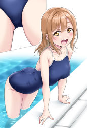 Rule 34 | 1girl, arm rest, ass, blush, breasts, brown hair, collarbone, commentary request, covered erect nipples, cowboy shot, feet out of frame, from below, gluteal fold, hair between eyes, happy, highres, kunikida hanamaru, large breasts, looking at viewer, love live!, love live! sunshine!!, multiple views, nail polish, open mouth, pool, school swimsuit, shadow, short hair, sidelocks, swimsuit, thighs, wet, yellow eyes, yopparai oni