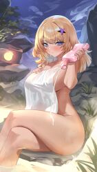 Rule 34 | 1girl, aa-12 (girls&#039; frontline), absurdres, alternate breast size, blonde hair, blue eyes, blush, bottle, closed mouth, commission, crossed legs, curvy, girls&#039; frontline, grass, hair ornament, highres, holding, holding bottle, looking at viewer, lotion bottle, naked towel, night, night sky, onsen, outdoors, pixiv commission, rock, shio05 (05 sio), sitting, sky, solo, squeeze bottle, star (symbol), star hair ornament, tan, thighs, towel