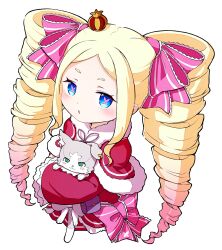 Rule 34 | 1girl, beatrice (re:zero), blonde hair, blue eyes, blush, bow, butterfly-shaped pupils, capelet, cat, commentary, crown, dress, dress bow, drill hair, frilled dress, frilled sleeves, frills, fur-trimmed capelet, fur trim, green eyes, hair ribbon, highres, long hair, looking at viewer, mini crown, open mouth, parted bangs, pink bow, pink ribbon, premium (prmsub), puck (re:zero), re:zero kara hajimeru isekai seikatsu, red capelet, red dress, ribbon, sidelocks, simple background, solo, symbol-shaped pupils, twin drills, white background, wide sleeves