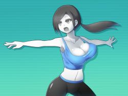 Rule 34 | 1girl, bike shorts, black eyes, black hair, bouncing breasts, breasts, cleavage, clothes writing, colored skin, cube464649, large breasts, nintendo, open mouth, outstretched arms, pale skin, ponytail, simple background, solo, sports bra, strap gap, super smash bros., tank top, white skin, wii fit, wii fit trainer, wii fit trainer (female)
