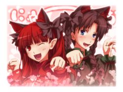 Rule 34 | 2girls, alternate hairstyle, animal ears, black hair, blue eyes, blush, bow, braid, cat ears, cosplay, costume switch, extra ears, fang, fate/stay night, fate (series), hair bow, hairstyle switch, heart, kaenbyou rin, long hair, long sleeves, looking at viewer, matsuki akira, multiple girls, name connection, one eye closed, open mouth, paw pose, pointy ears, red eyes, red hair, smile, tohsaka rin, touhou, twin braids