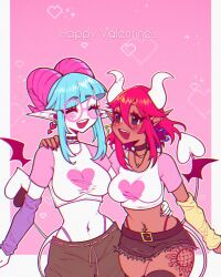 Rule 34 | 2girls, :d, abottleofstars, arm warmers, belt, blue hair, breasts, choker, closed eyes, colored skin, commentary, cowboy shot, crop top, dark-skinned female, dark skin, demon girl, demon horns, demon tail, earrings, english commentary, glasses, hand on another&#039;s shoulder, hand on another&#039;s waist, happy valentine, heart, heart-shaped pupils, highres, horns, jewelry, large breasts, leg tattoo, long hair, midriff, multiple girls, nail polish, navel, navel piercing, necklace, open mouth, original, pants, panty straps, piercing, pink background, pink nails, pointy ears, red hair, red nails, round eyewear, shirt, short shorts, shorts, sidelocks, smile, symbol-shaped pupils, tail, tattoo, thighhighs, valentine, white skin, wings, yuri