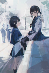 Rule 34 | 2girls, 2others, absurdres, black hair, black legwear, blue sailor collar, blue serafuku, blue skirt, chromatic aberration, commentary request, day, grey background, highres, holding hands, long sleeves, looking at another, looking at viewer, multiple girls, multiple others, original, outdoors, pantyhose, profile, sailor collar, serafuku, short hair, sitting, skirt, socks, standing, zygocactus