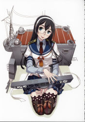 Rule 34 | 1girl, :p, aircraft catapult, black hair, breasts, cannon, fujikawa, full body, glasses, green eyes, hairband, highres, hip vent, kantai collection, kneeling, lace, lace-trimmed legwear, lace trim, legs, long hair, machinery, medium breasts, necktie, official art, ooyodo (kancolle), radio antenna, ribbon, scan, scan artifacts, school uniform, seiza, semi-rimless eyewear, serafuku, sitting, solo, thighhighs, tongue, tongue out, turret, white background, white ribbon