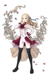 Rule 34 | 1girl, :d, ascot, black footwear, black thighhighs, blonde hair, blue eyes, braid, crown braid, elizabeth cassandra austin, flower, forehead, full body, hand up, highres, looking at viewer, official art, ojou-sama pose, open mouth, petals, ponytail, princess principal, princess principal game of mission, riding crop, shoes, smile, standing, thighhighs, transparent background, v-shaped eyebrows