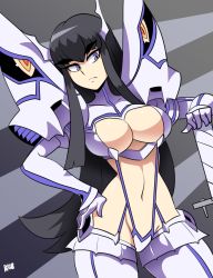 Rule 34 | 1girl, bigdead, black hair, boots, breasts, cleavage, gloves, highres, kill la kill, kiryuuin satsuki, large breasts, long hair, navel, purple eyes, revealing clothes, solo, standing, thick eyebrows, thigh boots, thighhighs