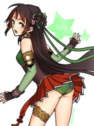 Rule 34 | 1girl, akatsuki (kuon), ass, bare shoulders, blush, breasts, brown hair, clothes lift, detached sleeves, fingerless gloves, flower, from behind, gloves, green eyes, green panties, guan yinping, hair flower, hair ornament, long hair, looking at viewer, looking back, looking down, open mouth, panties, panties day, sangoku musou 1, shin sangoku musou, shin sangoku musou 7, sideboob, skirt, skirt lift, small breasts, solo, standing, tongue, underwear, very long hair