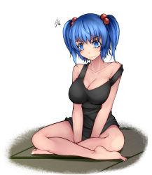 Rule 34 | 1girl, 3:, alternate costume, aoshima, bare arms, bare legs, bare shoulders, barefoot, black dress, blue eyes, blue hair, blush, breasts, cleavage, collarbone, dress, full body, hair bobbles, hair ornament, highres, indian style, kawashiro nitori, large breasts, looking down, no bra, no headwear, pink lips, short dress, short hair, sitting, sleeveless, sleeveless dress, solo, squiggle, strap slip, tatami, touhou, two side up