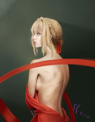 Rule 34 | 10s, 1girl, blonde hair, blue eyes, braid, breasts, bule-talent, covering breasts, covering privates, dress, from behind, hair between eyes, hair intakes, hair ribbon, highres, looking to the side, medium breasts, red dress, red ribbon, ribbon, scar, sideboob, solo, topless, undressing, unworn clothes, violet evergarden, violet evergarden (series)
