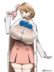 Rule 34 | 1girl, blaccura, breasts, brown eyes, brown hair, bursting breasts, energy gun, hair ornament, hairclip, heart, heart hair ornament, highres, huge breasts, narusawa ryouka, necktie, occultic;nine, open mouth, plaid, plaid skirt, raised eyebrows, ray gun, short hair, skirt, solo, striped, striped necktie, thick thighs, thighs, weapon, white legwear