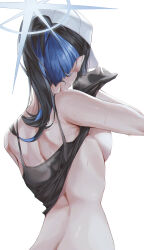 Rule 34 | 1girl, alternate hairstyle, bare arms, bare shoulders, black hair, black shirt, blue archive, blue hair, breasts, clothes lift, colored inner hair, from behind, halo, highres, large breasts, lifted by self, moda (mo da 3), multicolored hair, no bra, ponytail, saori (blue archive), shirt, shirt lift, simple background, solo, sweat, underboob, upper body, white background, white headwear