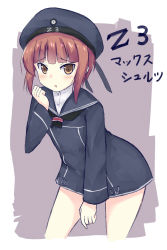 Rule 34 | 10s, 1girl, beret, blush, bottomless, brown eyes, clothes writing, dress, hat, highres, kantai collection, kurono nekomaru, looking at viewer, personification, red hair, sailor collar, sailor dress, sailor hat, short hair, simple background, solo, z3 max schultz (kancolle)