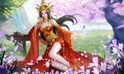 Rule 34 | 1girl, absurdres, artist request, bug, butterfly, cai lin (doupo cangqiong), cup, detached collar, detached sleeves, doupo cangqiong, dress, earrings, floating hair, flower, grass, hair ornament, highres, insect, jewelry, long hair, metal bracelet, purple flower, red dress, red eyes, red nails, second-party source, table, teacup, teapot
