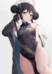 Rule 34 | 1girl, absurdres, bad id, bad pixiv id, black dress, black hair, black jacket, blue archive, blue eyes, breasts, butterfly hair ornament, china dress, chinese clothes, closed mouth, commentary, covered navel, double bun, dragon print, dress, gradient background, grey background, hair bun, hair ornament, halo, highres, jacket, kisaki (blue archive), long hair, looking at viewer, pelvic curtain, print dress, small breasts, solo, striped clothes, striped jacket, thighs, twintails, van.elv, vertical-striped clothes, vertical-striped jacket