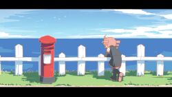 Rule 34 | 1girl, boots, day, detached sleeves, drill hair, from behind, kasane teto, leaning forward, monosenbei, ocean, outdoors, pink hair, postbox (outgoing mail), shirt, skirt, sky, sleeveless, sleeveless shirt, solo, twin drills, utau