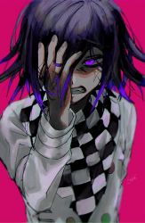 Rule 34 | 1boy, anger vein, checkered clothes, checkered neckwear, checkered scarf, clenched teeth, danganronpa (series), danganronpa v3: killing harmony, gradient hair, hair between eyes, hand in own hair, hand on own face, highres, joh pierrot, long sleeves, male focus, multicolored hair, oma kokichi, pink background, purple eyes, purple hair, scarf, signature, simple background, solo, straitjacket, teeth, upper body
