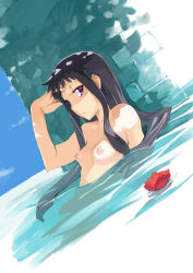 Rule 34 | 1girl, ar tonelico, ar tonelico ii, arm up, bare shoulders, black hair, breasts, dutch angle, flower, inu777, jakuri (ar tonelico), long hair, lying, nipples, partially submerged, puffy nipples, purple eyes, sidelocks, small breasts, solo