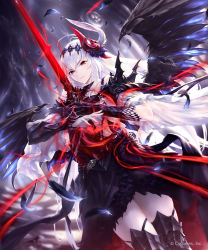 Rule 34 | 1girl, armor, cygames, dark jeanne, feather hair ornament, feathers, hair ornament, hisakata souji, jeanne d&#039;arc (granblue fantasy), long hair, looking at viewer, red eyes, shadowverse, single vambrace, smile, solo, sword, vambraces, weapon, white hair, wings
