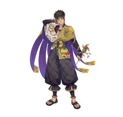 Rule 34 | 1boy, arm behind head, baggy pants, bracelet, bridal gauntlets, brown eyes, brown hair, claude von riegan, claude von riegan (winds offered), fire emblem, fire emblem: three houses, fire emblem heroes, gold cape, headband, holding pinwheel, jewelry, looking at viewer, nintendo, non-web source, official alternate costume, official art, one eye closed, pants, pinwheel, single bare shoulder, smile, solo, white background