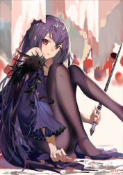 Rule 34 | 1girl, ankle lace-up, ass, bare shoulders, black footwear, black pantyhose, caster (lostbelt), commentary request, cross-laced footwear, dated, detached sleeves, dress, fate/grand order, fate (series), fur-trimmed sleeves, fur trim, head tilt, headpiece, highres, holding, long hair, long sleeves, looking at viewer, pantyhose, parted lips, purple dress, purple hair, rabbit (tukenitian), red eyes, scathach (fate), scathach skadi (fate), signature, sitting, solo, teeth, tiara, upper teeth only, very long hair, wide sleeves